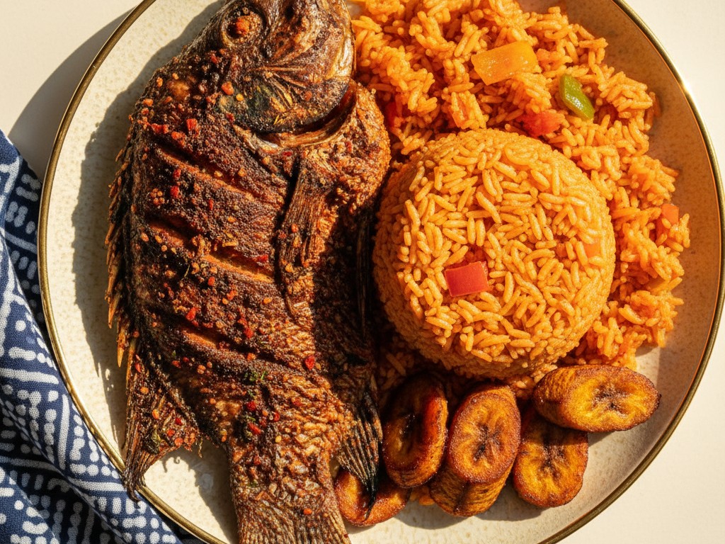 Grilled tilapia with jollof rice and plantain